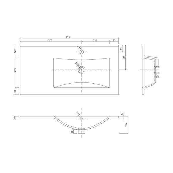 Vannitoavalamu-parempoolse-kraanikausiga-Plan-90x46-cm,-valge-keraamika-joonis