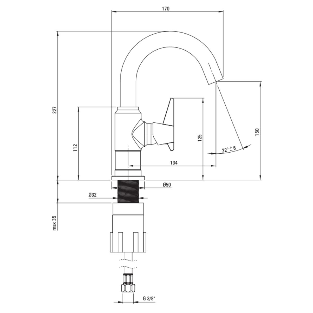Harjatud-vask-valamusegisti-Deante-Temisto-27.7-cm,-messing-joonis