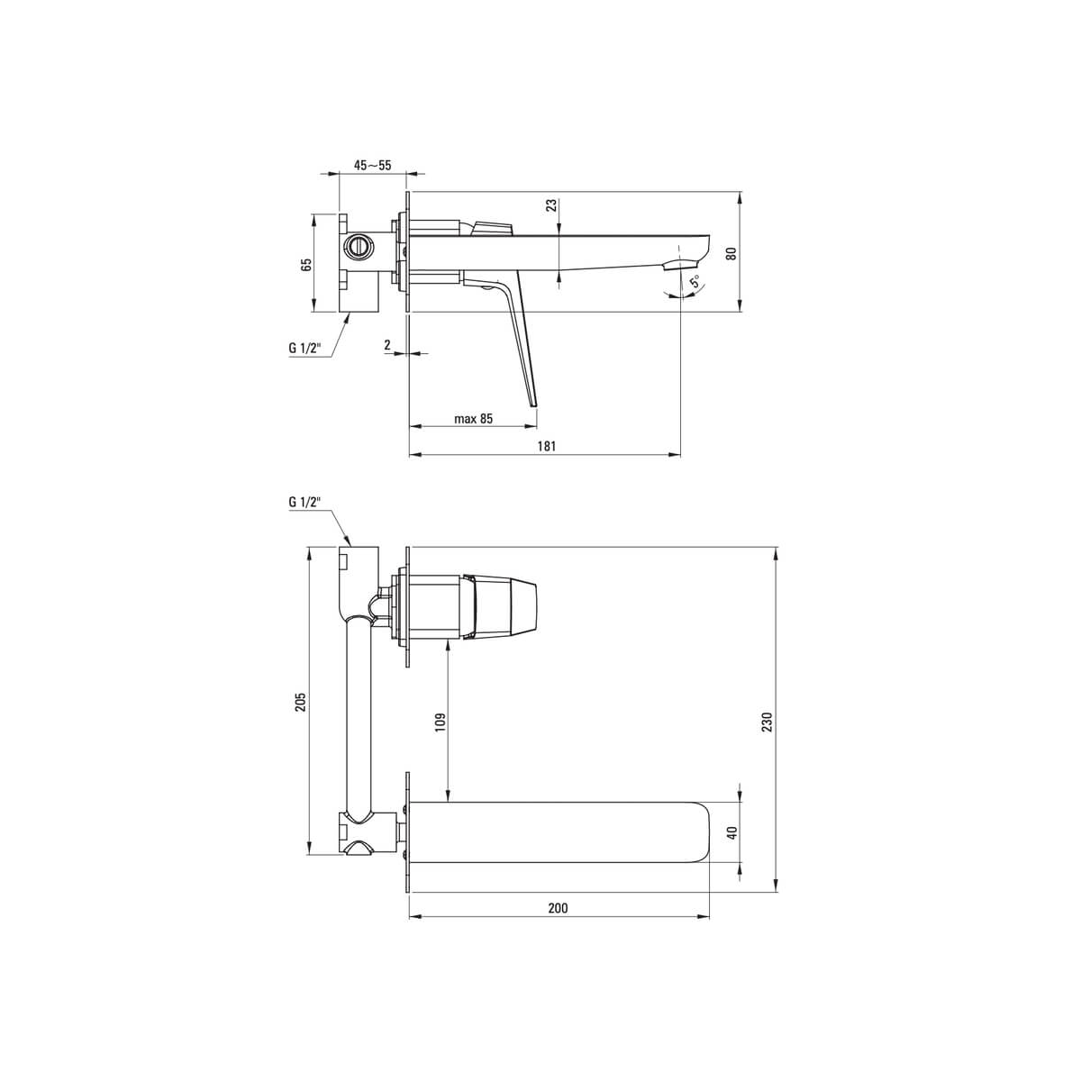 Kroomitud-seinapealne-valamusegisti-Deante-Blur-20-cm,-messing-joonis