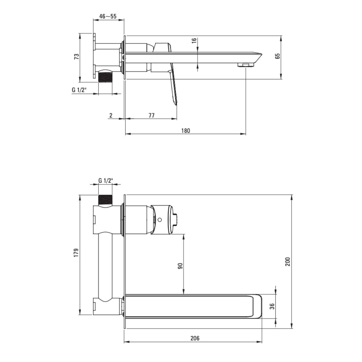 Kroomitud-seinapealne-valamusegisti-Deante-Silia-20.8-cm,-messing-joonis
