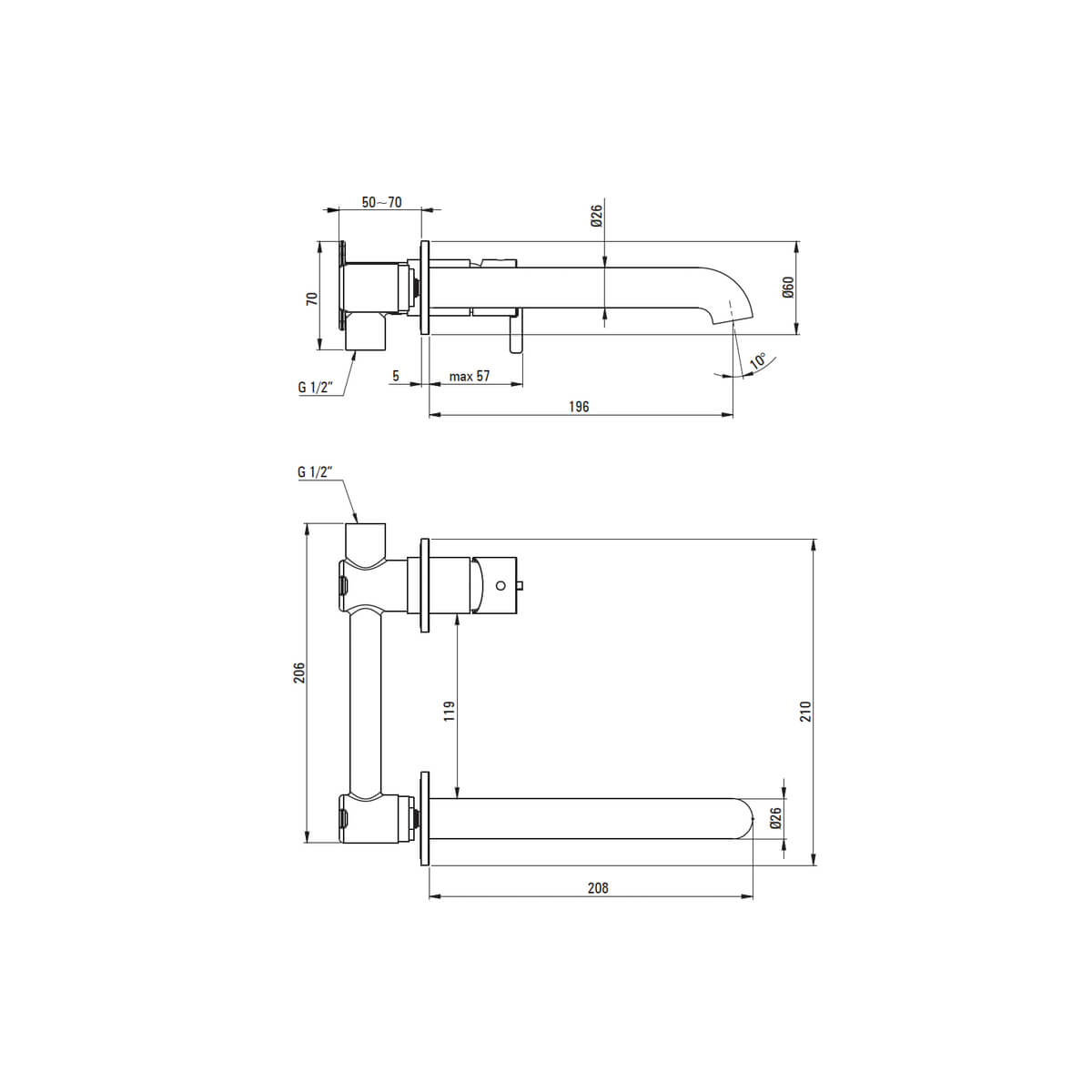 Kroomitud-seinapealne-valamusegisti-Deante-Silia-20.8-cm,-messing-joonis