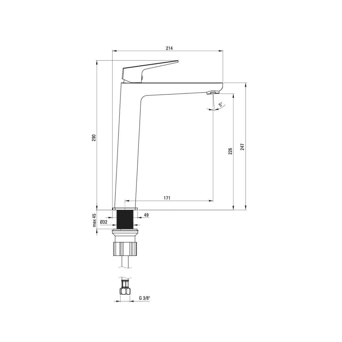 Kroomitud-valamusegisti-Deante-Blur-29-cm,-messing-joonis
