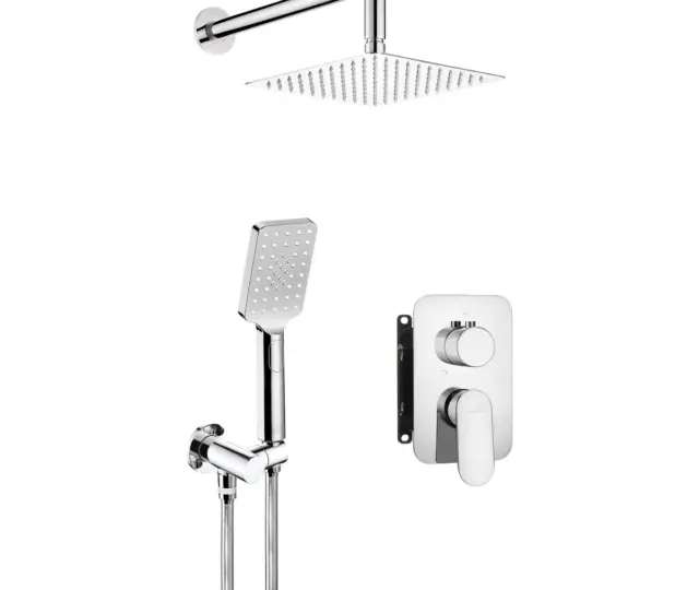 Seinasisese segistiga dušikomplekt koos BOX-paigalduskorpuse, kandilise 250 × 250 mm üladuši ja 3-režiimilise käsidušiga Deante Alpinia, kroom