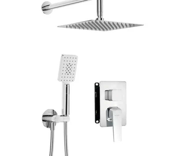 Seinasisese segistiga dušikomplekt koos BOX-paigalduskorpuse, kandilise 250 × 250 mm üladuši ja 3-režiimilise käsidušiga Deante Blur, kroom