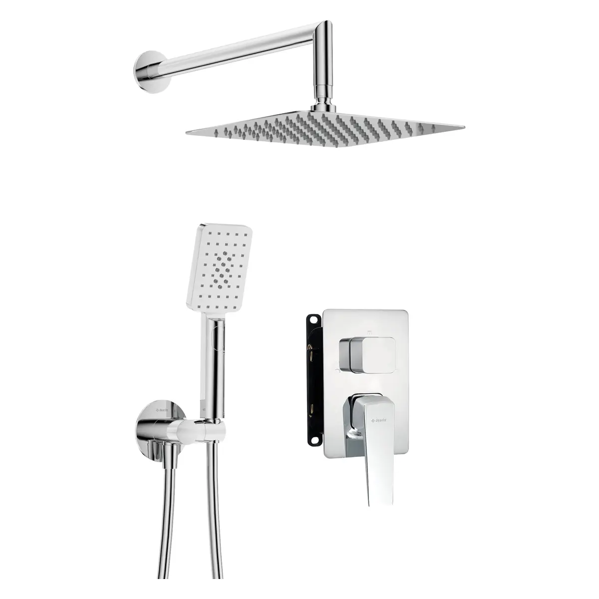 Seinasisese segistiga dušikomplekt koos BOX-paigalduskorpuse, kandilise 250 × 250 mm üladuši ja 3-režiimilise käsidušiga Deante Blur, kroom