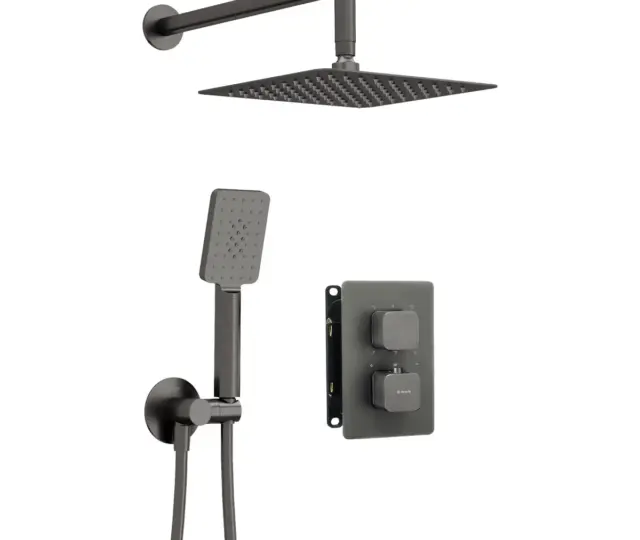 Seinasisese termostaatsegistiga dušikomplekt koos BOX-paigalduskorpuse, kandilise 250 × 250 mm üladuši ja 3-režiimilise käsidušiga Deante Therm, titaan