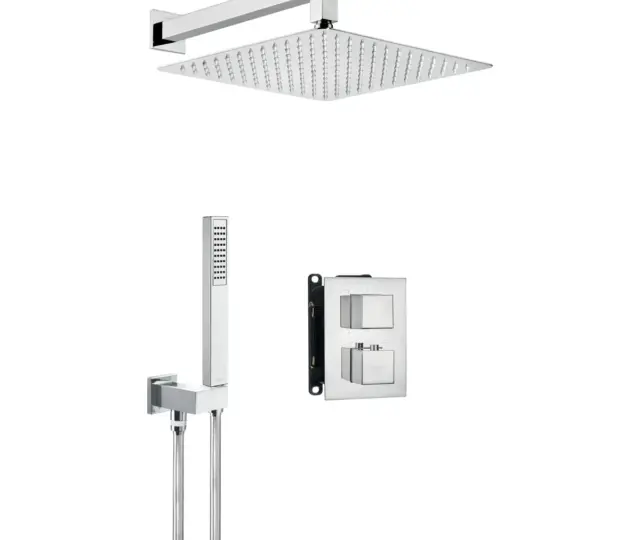 Seinasisese termostaatsegistiga dušikomplekt koos BOX-paigalduskorpuse, kandilise 300 × 300 mm üladuši ja käsidušiga Deante Therm, kroom