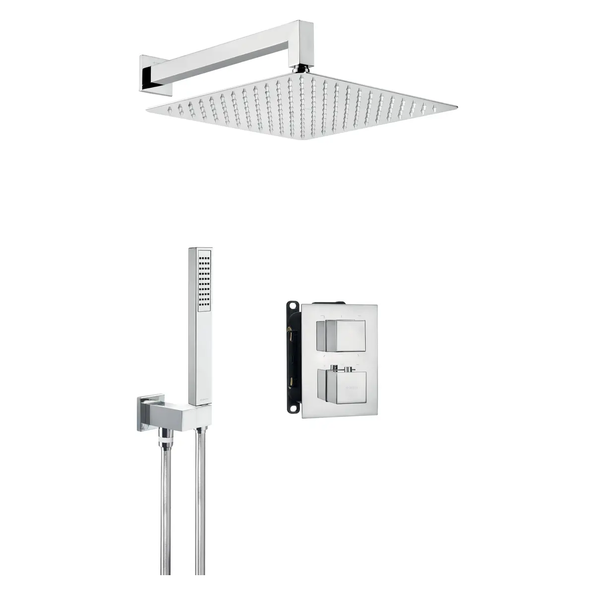 Seinasisese termostaatsegistiga dušikomplekt koos BOX-paigalduskorpuse, kandilise 300 × 300 mm üladuši ja käsidušiga Deante Therm, kroom