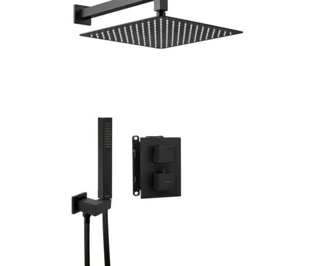 Seinasisese termostaatsegistiga dušikomplekt koos BOX-paigalduskorpuse, kandilise 300 × 300 mm üladuši ja käsidušiga Deante Therm, matt must