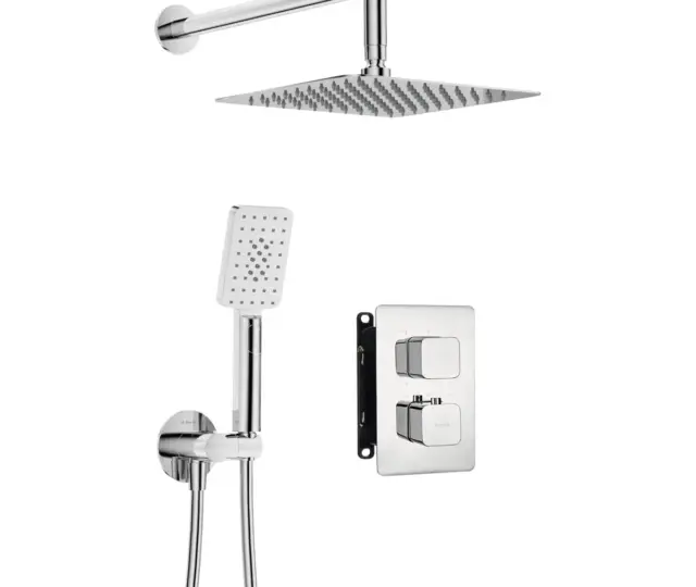 Seinasisese termostaatsegistiga dušikomplekt koos BOX-paigalduskorpuse, kandilise 300 × 300 mm üladuši ja 3-režiimilise käsidušiga Deante Therm, kroom