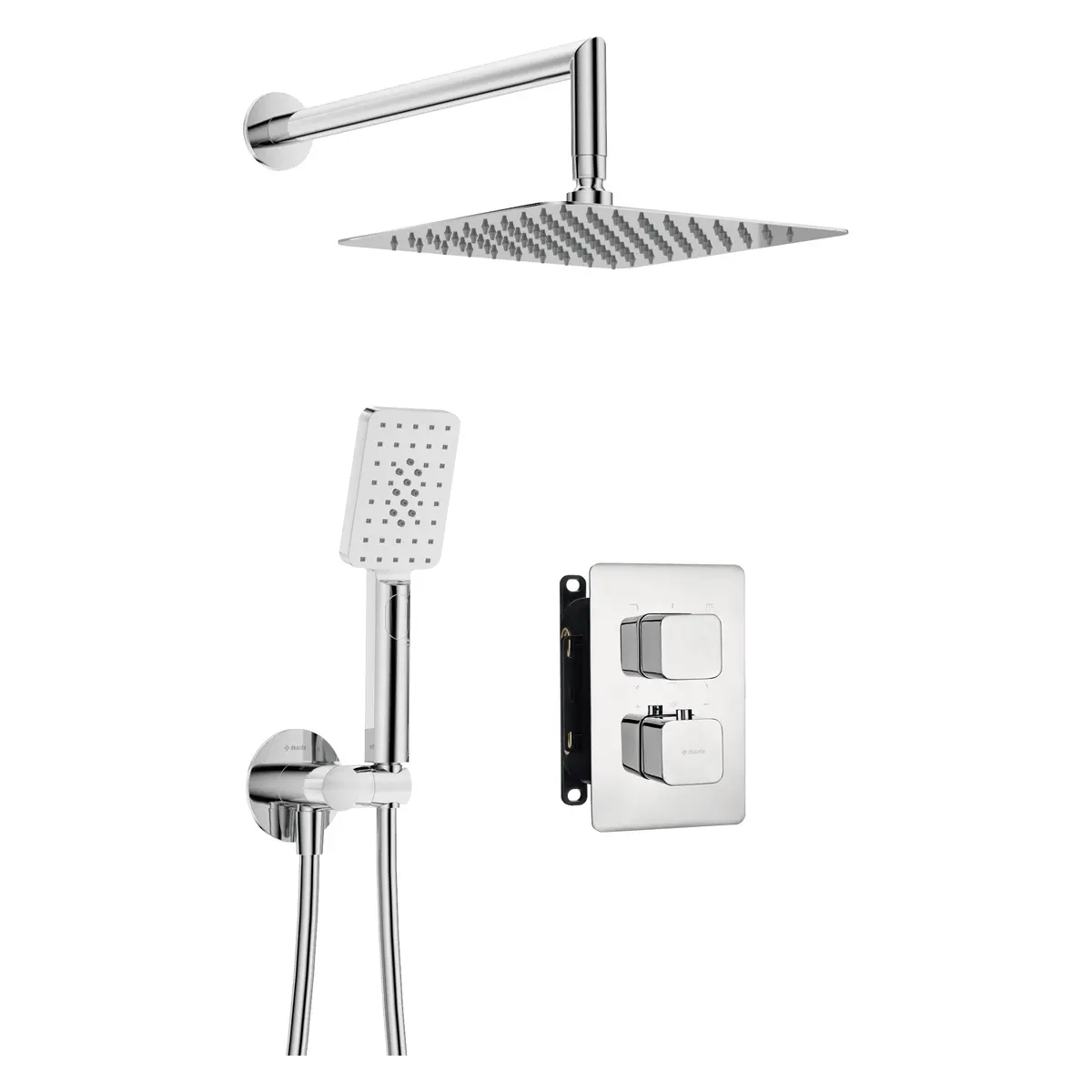 Seinasisese termostaatsegistiga dušikomplekt koos BOX-paigalduskorpuse, kandilise 300 × 300 mm üladuši ja 3-režiimilise käsidušiga Deante Therm, kroom