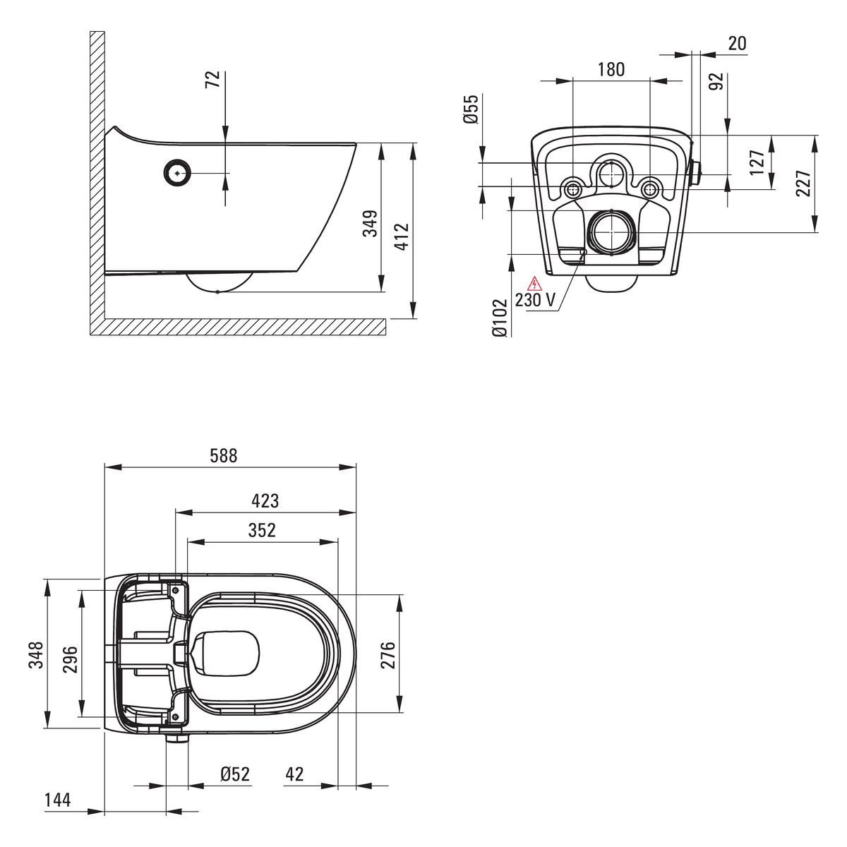 Nutikas WC-pott automaatse prill-lauaga Deante Silia basic 588x348 mm, valge – tehniline joonis
