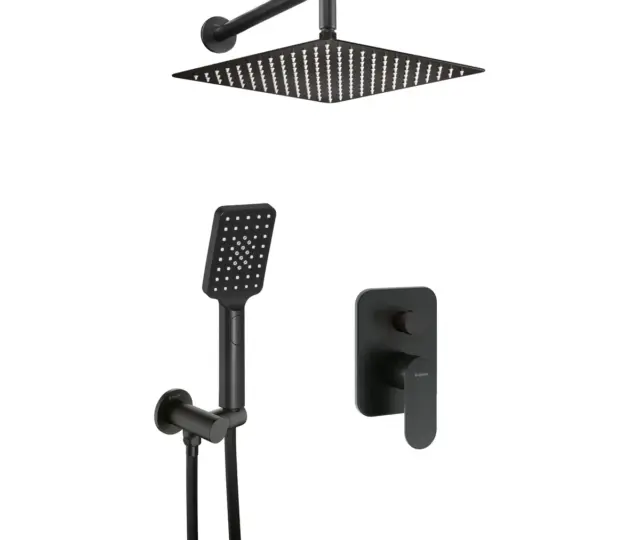 Seinasisese segistiga dušikomplekt koos kandilise 250 × 250 mm üladuši ja 3-režiimilise käsidušiga Deante Alpinia, matt must