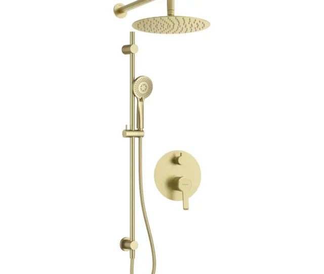 Seinasisese segistiga dušikomplekt koos liugsiini, ümara 250 mm üladuši ja käsidušiga Deante Arnika, harjatud kuld