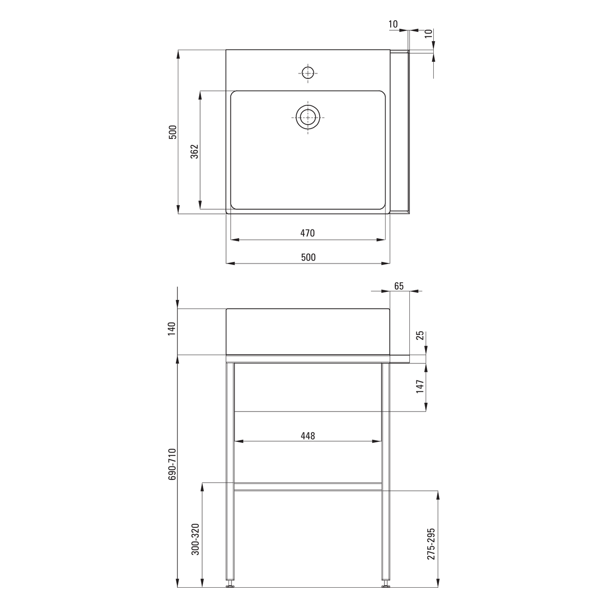 Põrandal seisev valamukonsool Deante Temisto 565x500 mm, must/tamm/valge – tehniline joonis