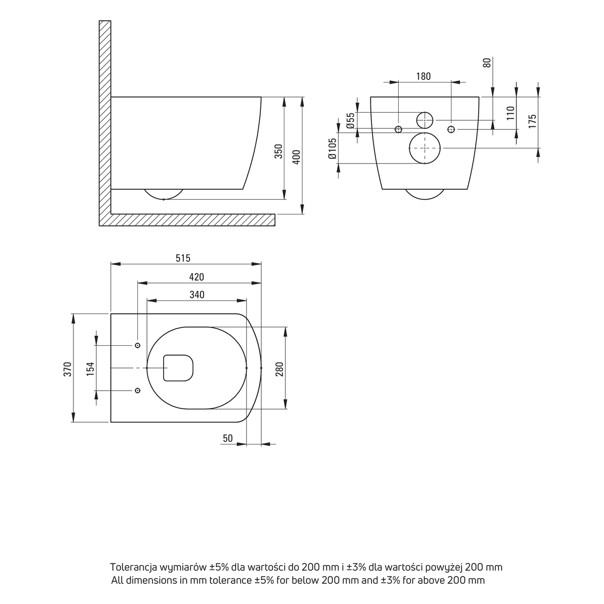 Seinapealne WC-pott Deante Blur 513x370 mm, valge – tehniline joonis