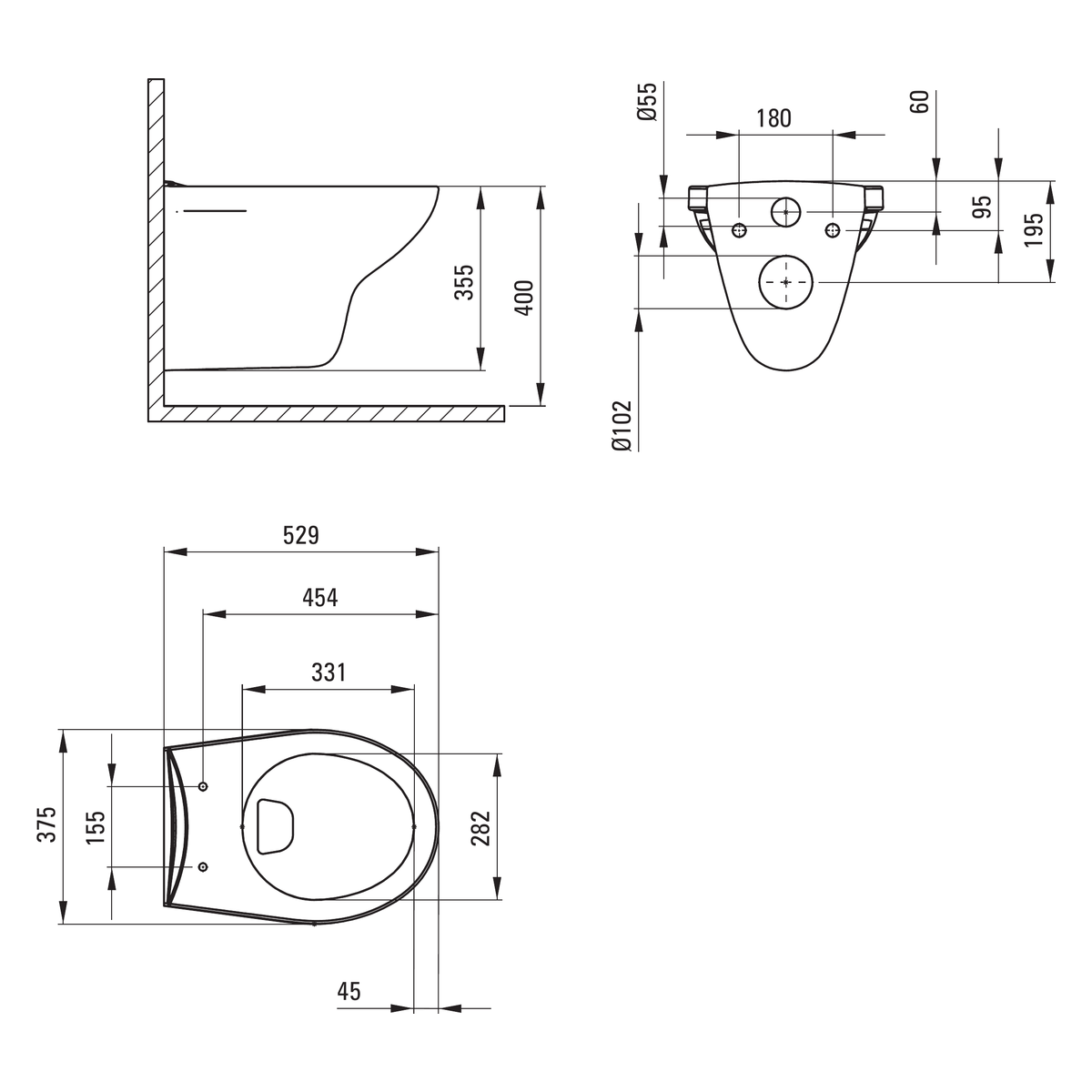 Seinapealne WC-pott prill-lauaga Deante Boro 529x375 mm, valge – tehniline joonis