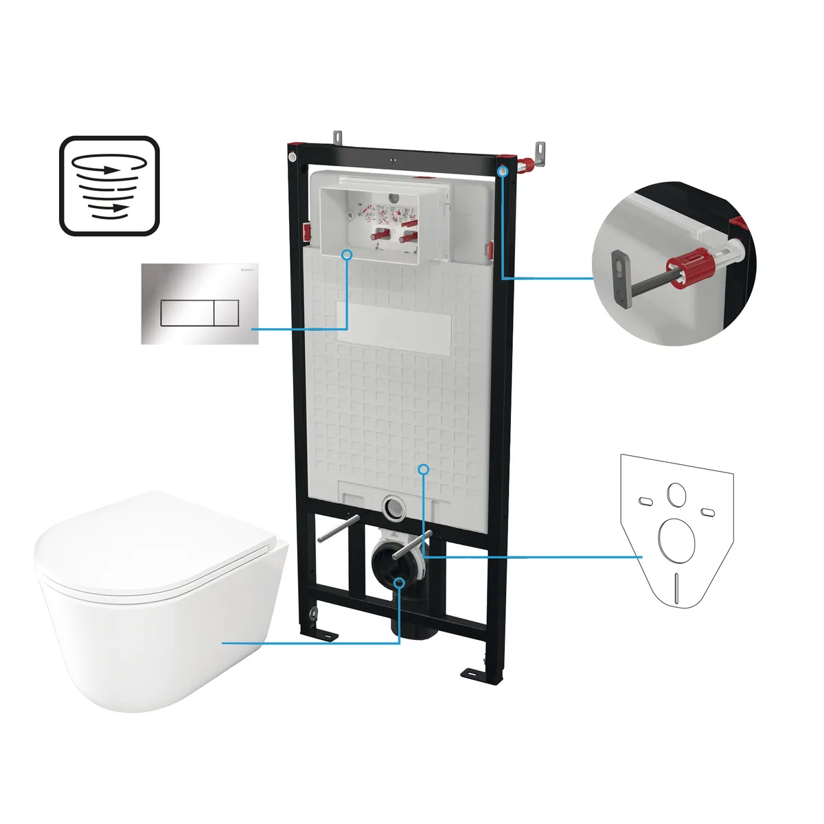 Seinasisene WC-poti komplekt Deante Jasmin 6-ühes, valge/kroom