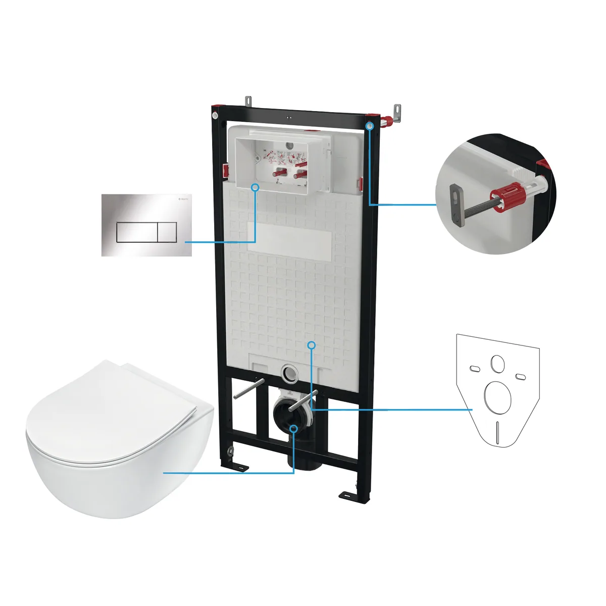 Seinasisene WC-poti komplekt Deante Peonia 6-ühes, valge/kroom