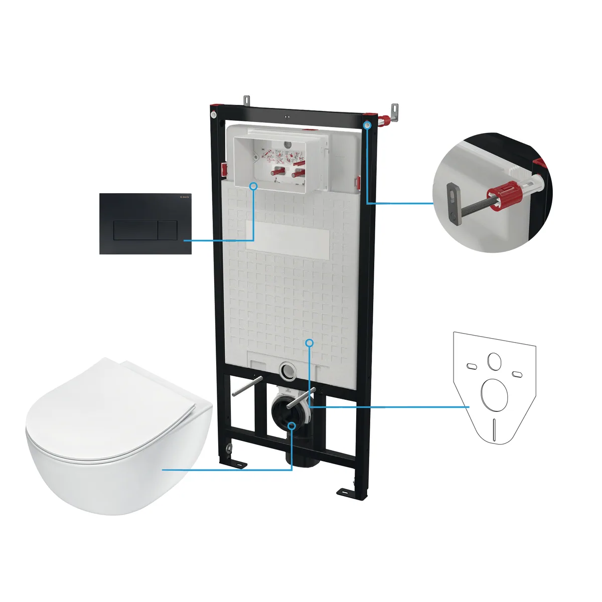 Seinasisene WC-poti komplekt Deante Peonia 6-ühes, valge/must