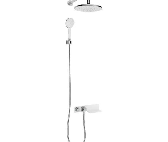 Seinasisese termostaatsegistiga dušikomplekt koos ümara 226 mm üladuši ja 3-režiimilise käsidušiga Deante Lobelia, valge/kroom