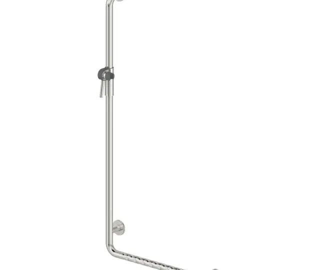 Vasakpoolne L-kujuline tugikäepide dušiotsiku hoidjaga Deante Lehnen 127x67 cm, poleeritud teras/antratsiit