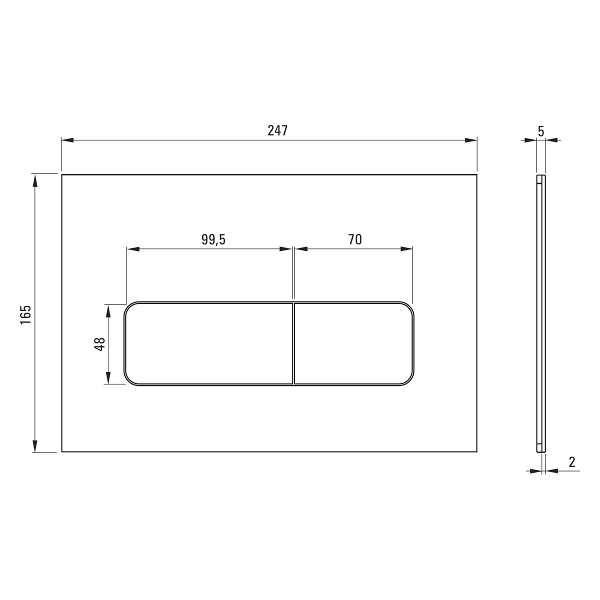 WC loputusnupp slim Deante 247x165 mm, harjatud kuld – tehniline joonis
