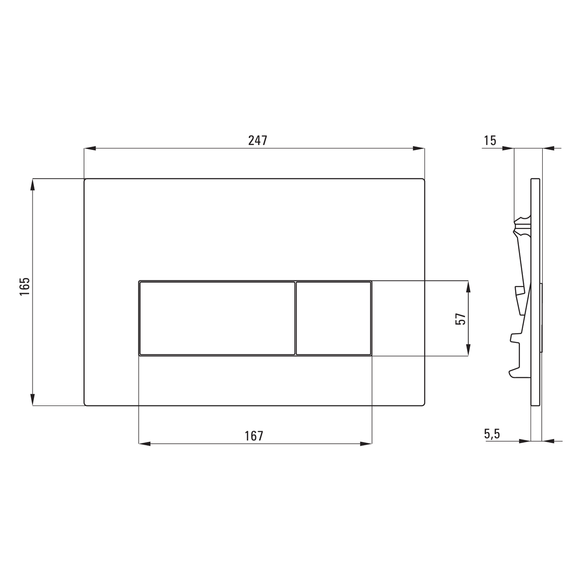 WC loputusnupp slim Deante 247x165 mm, titaan – tehniline joonis