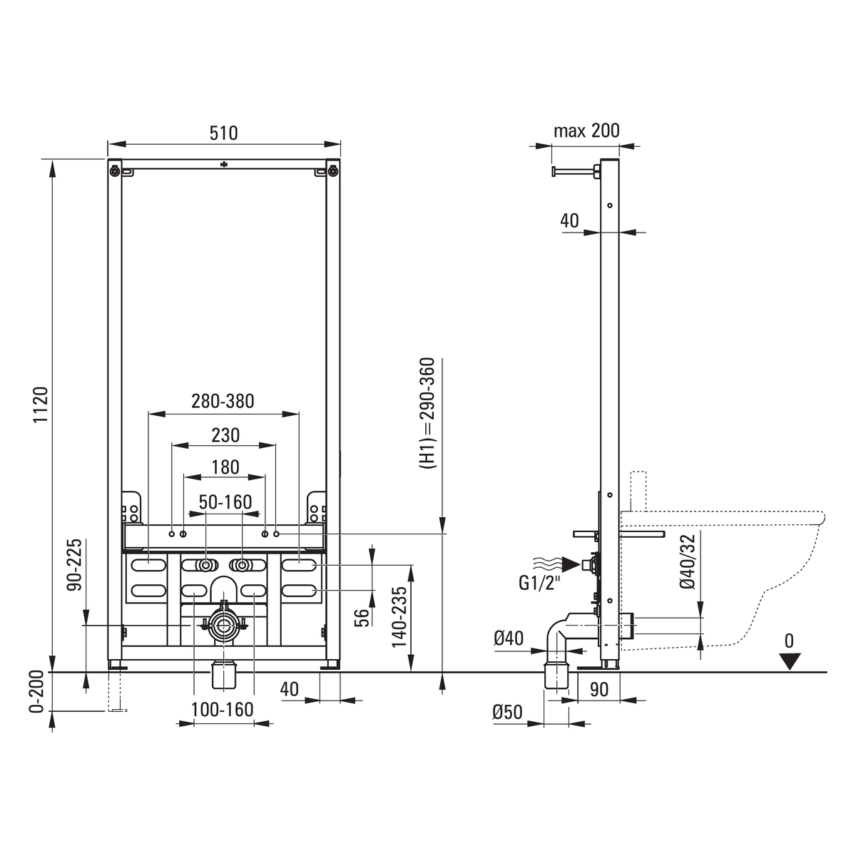WC paigaldusraam bideele Deante 510x200x1120 mm – tehniline joonis